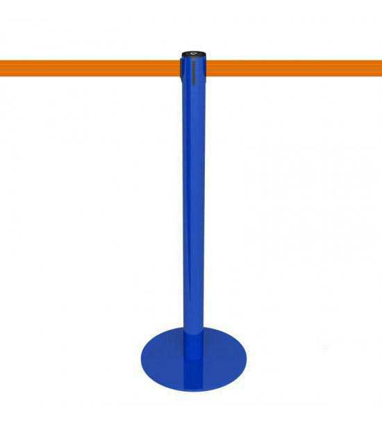 Poteau de balisage bleu, sangle rétractable orange